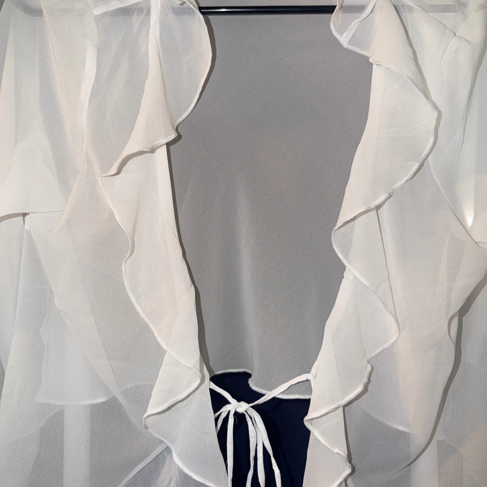 Divided White Sheer Ruffle Tie-Front Top